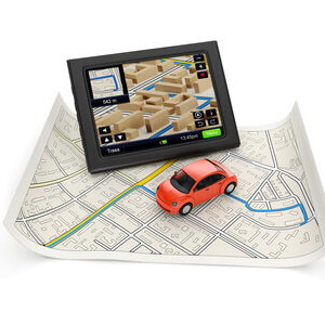 Fahrzeug, Navigation und Route auf der Karte